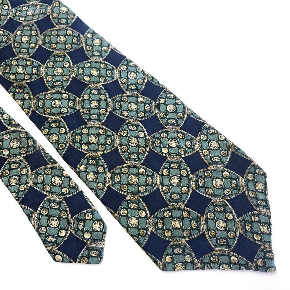 Guy Laroche Green Blue Abstract Geometric Print Short Wide Silk Tie